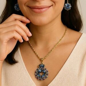 Elegant Blue and Gold Floral Necklace and Earring Set